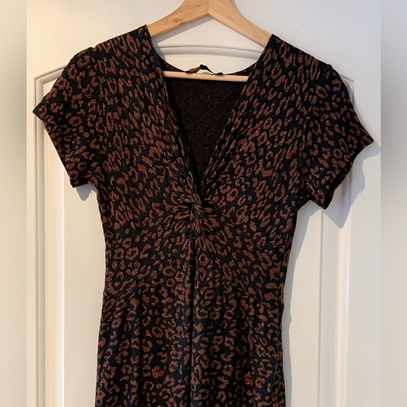 Luna Allegra Dress Made in Italy Size Medium Brown Green Short Sleeves V Neck. - Picture 2 of 16